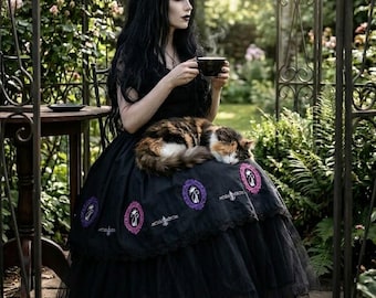Gothic Cat Embroidered Skirt – Handmade Dark Couture, Black Tulle Layer, Alternative Fashion