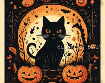 Vintage Black Cat Halloween Print, Witchy Gothic Pumpkin Decor (Digital Download)