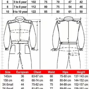 May include: A detailed size chart for children's clothing, showing measurements in centimetres for chest, waist, hips, and height. Also includes suit length, chest, waist, inseam, and arm measurements in inches.