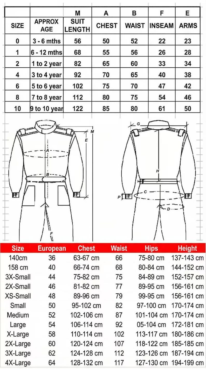 May include: A detailed size chart for children's clothing, showing measurements in centimetres for chest, waist, hips, and height. Also includes suit length, chest, waist, inseam, and arm measurements in inches.