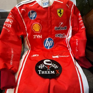 May include: Red racing suit with white stripes and sponsor logos such as HP, Shell, and Unicredit. The Ferrari logo is visible. The suit has the text "THEEM X" on a black oval and the number 16.