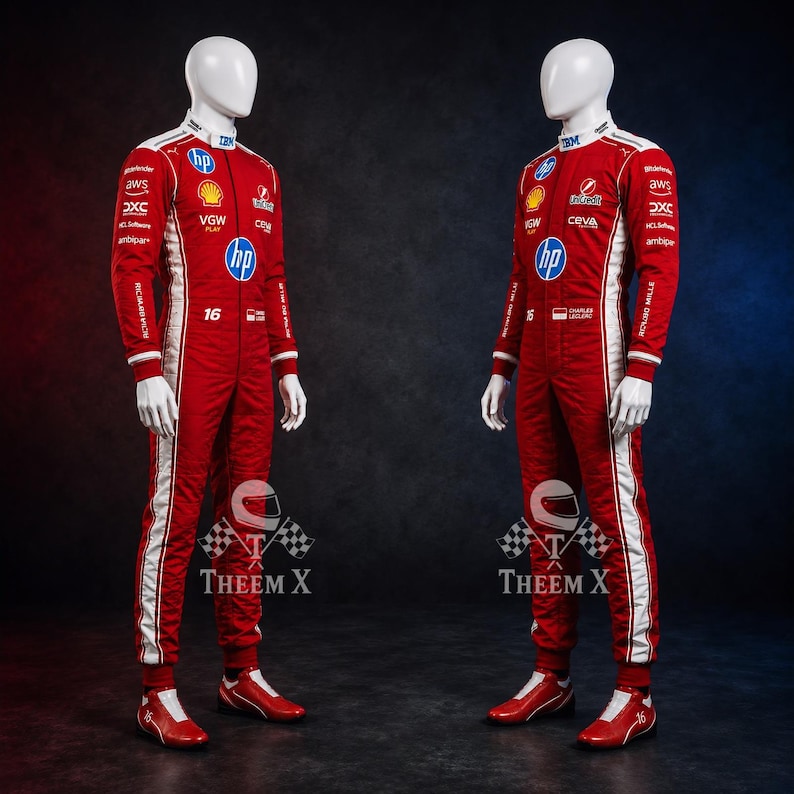 May include: Two red racing suits with white detailing and sponsor logos, displayed on mannequins. Each suit features a white stripe down the side, the number 16, and the HP logo. The suits are worn with red racing shoes.