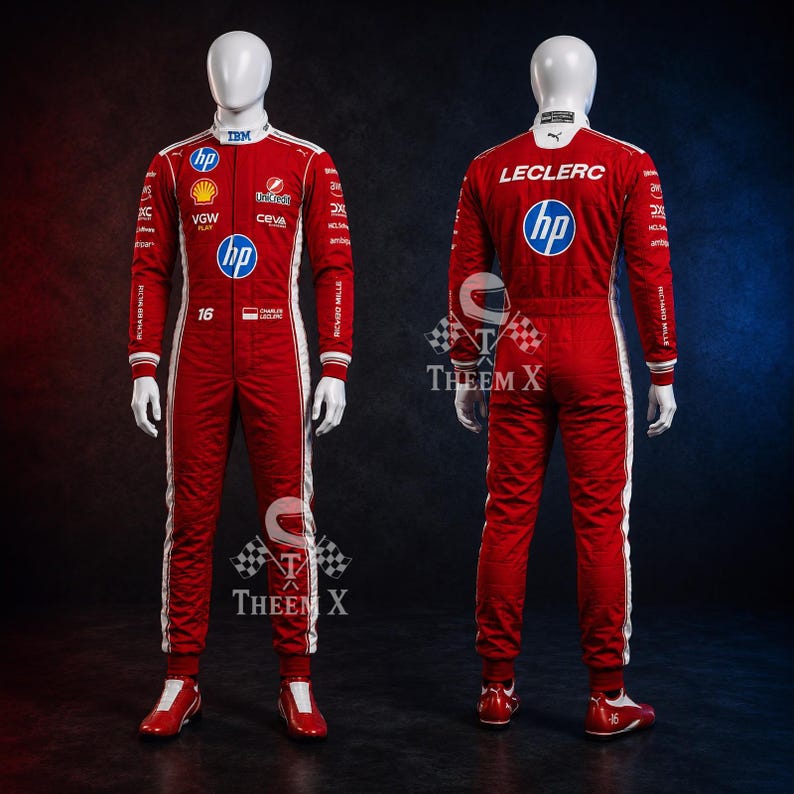May include: A red racing suit with white detailing and sponsor logos, displayed on a mannequin. The suit features the number 16, and the HP logo. The back of the suit displays the name "LECLERC".