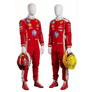 May include: Two mannequins in red racing suits with white detailing and sponsor logos, including HP and Shell. Each mannequin holds a racing helmet, one red and one yellow. The suits have long sleeves, and the mannequins are wearing red shoes.