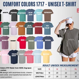 Op de afbeelding: Een Comfort Colors 1717 unisex t-shirt kleurenkaart met eenendertig effen kleuropties, waaronder zwart, wit, peper, zeeschuim, blue jean, chalky mint, espresso, watermeloen, lichtgroen, orchidee, yam, blauwe spar, karmozijnrood, ijsblauw, violet, bes, ivoor, rood, mos, flo blue, denim, mosterd, bloesem, marineblauw, grijs, crunchberry, chambray en boter, samen met een maattabel.
