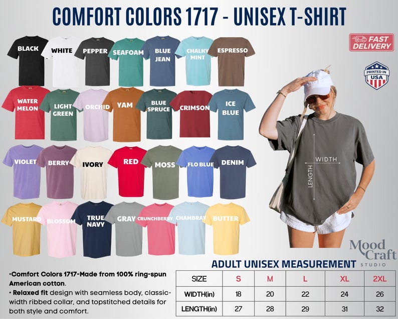 Op de afbeelding: Een Comfort Colors 1717 unisex t-shirt kleurenkaart met eenendertig effen kleuropties, waaronder zwart, wit, peper, zeeschuim, blue jean, chalky mint, espresso, watermeloen, lichtgroen, orchidee, yam, blauwe spar, karmozijnrood, ijsblauw, violet, bes, ivoor, rood, mos, flo blue, denim, mosterd, bloesem, marineblauw, grijs, crunchberry, chambray en boter, samen met een maattabel.