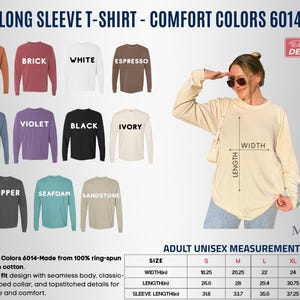 Op de afbeelding: Een Comfort Colors 6014 t-shirt met lange mouwen in twaalf kleuren, waaronder yam, brick, white, espresso, blue jean, violet, black, ivory, pepper, seafoam en sandstone, met een maattabel die de afmetingen in inches weergeeft.