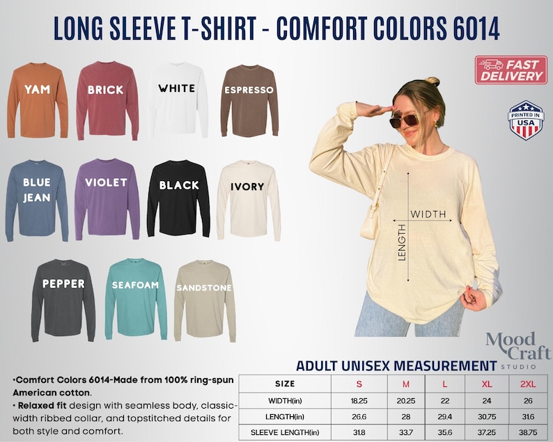 Op de afbeelding: Een Comfort Colors 6014 t-shirt met lange mouwen in twaalf kleuren, waaronder yam, brick, white, espresso, blue jean, violet, black, ivory, pepper, seafoam en sandstone, met een maattabel die de afmetingen in inches weergeeft.