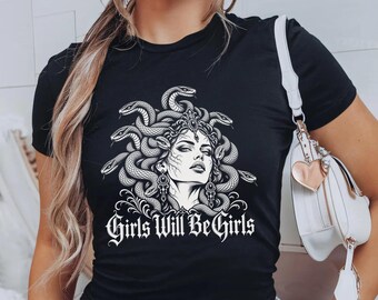 Girls Will Be Girls Baby Tee, Medusa Graphic Tee, Gothic Feminis Cropped Shirt, Girl Dinner Praying Mantis Baby Tee