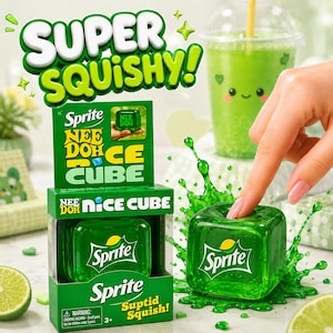 Pode incluir: Um brinquedo cubo Nee Doh Nice Cube da Sprite em verde translúcido na sua embalagem. O cubo quadrado e macio apresenta o logótipo branco da Sprite. Um dedo pressiona o material suave, rodeado por um efeito gráfico de salpico de líquido.