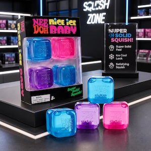 Puede incluir: Un set de juguetes Nee Doh Nice Ice Baby que incluye cuatro juguetes blandos translúcidos en forma de cubo en colores azul, rosa y morado. El empaque muestra el texto Nee Doh Nice Ice Baby y Super Solid Squish, junto a un letrero con sus características.