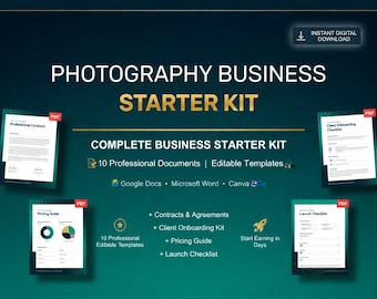 Sjablonenbundel fotografiebedrijf starterkit | 10 professionele documenten | Contract, prijsgids, klantenpakket