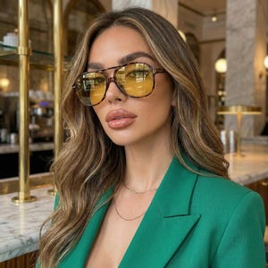 May include: Aviator-style sunglasses with a tortoiseshell frame and yellow-tinted lenses. The sunglasses are worn with a green blazer and a delicate gold necklace. The image is a close-up shot.