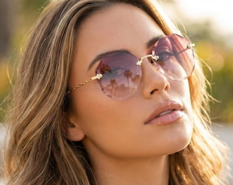 Rimless Oval Sunglasses Gradient Lens Gold Frame Minimalist Fashion Shades