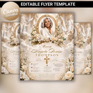 Può includere: Un modello di volantino funebre modificabile con una cornice ovale dorata contenente il ritratto di una donna, circondato da rose bianche, gigli e colombe in volo. Il testo include In Loving Memory, Angela Denise Thompson, date e dettagli.