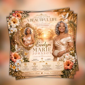 Hibiscus Rose Funeral Announcement Flyer: Celebration of Life ( Editable Canva Template, Digital Download)