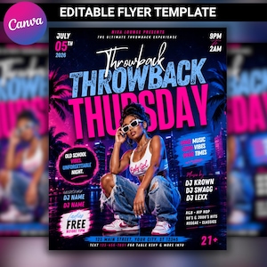 Può includere: Un volantino vibrante con uno schema di colori rosa neon e blu, che promuove un evento "Throwback Thursday". Il design presenta una donna con un top corto e jeans strappati, con dettagli dell'evento, tra cui generi musicali, nomi di DJ e la data.