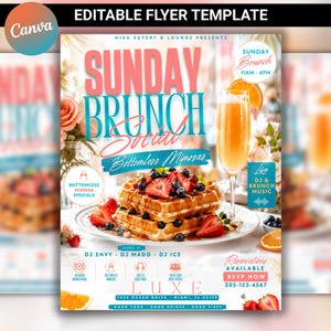 May include: An editable flyer template for a Sunday Brunch Social featuring a stack of waffles topped with strawberries and blueberries, a glass of mimosa, and text including Nixa Eatery & Lounge, Bottomless Mimosas, and RSVP 305-123-4567.