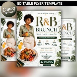 May include: An editable flyer template for an R&B Brunch event featuring a person in a green shirt and beige trousers, a plate of fried chicken and waffles, and text including "R&B BRUNCH," "JUNE 28 2026," "DJ NOVA & DJ KING," and "THE GARDEN ROOM."