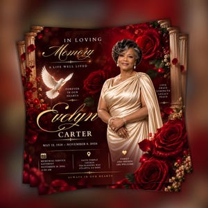 Puede incluir: Un programa de servicio conmemorativo con un retrato de Evelyn Carter en un vestido dorado, rodeado de rosas rojas oscuras y columnas de piedra. El texto incluye IN LOVING MEMORY, A LIFE WELL LIVED, FOREVER IN OUR HEARTS y detalles del 16 de noviembre.