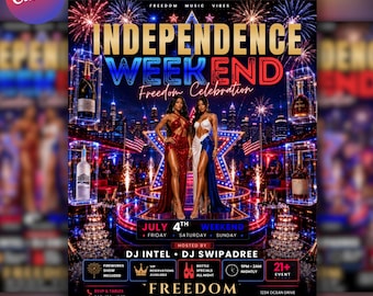 May include: An editable flyer template for an Independence Weekend celebration featuring two people in formal attire, fireworks, city skyline, and bottle displays. Text includes Independence Weekend, Freedom Celebration, July 4th, and Freedom Roof Top.