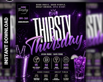 Może przedstawiać: Fioletowy szablon ulotki na "Thirsty Thursday" w Nixa Lounge. Zawiera ceny napojów, szczegóły wydarzenia oraz tekst "Natychmiastowe pobieranie" i "Canva Editable Flyer Template".