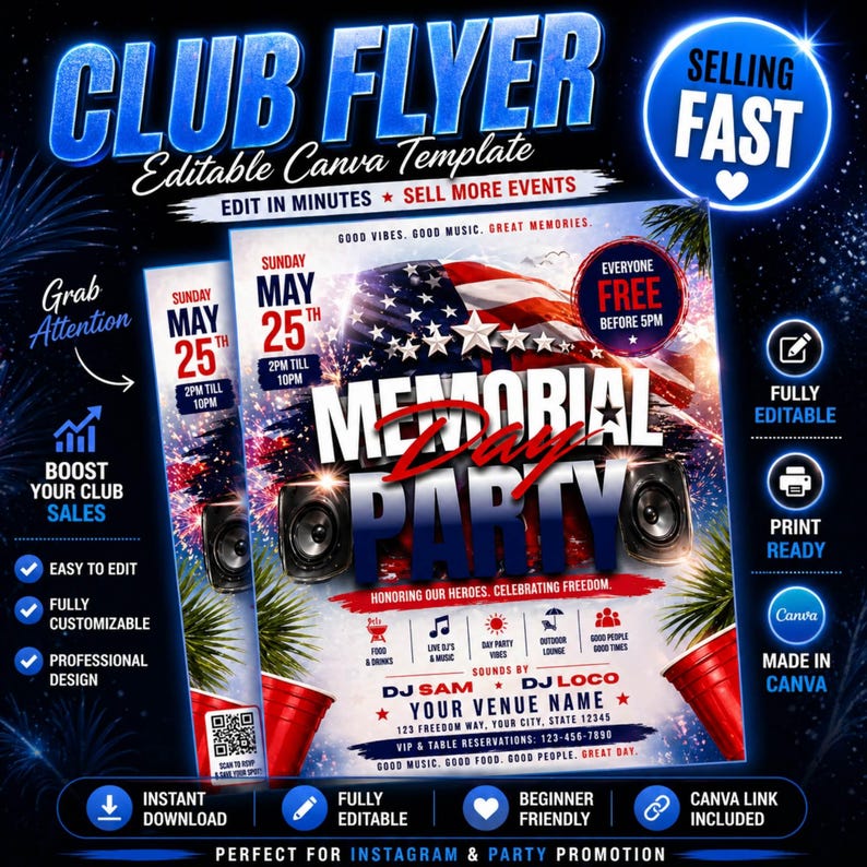 Memorial Day Party Flyer Template, Editable on Canva - Etsy