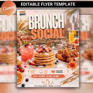 May include: An editable flyer template for a Brunch Social event featuring a stack of pancakes with strawberries and blueberries, fried chicken, a mimosa, and text including Nixa Nights Presents Brunch Social Sunday Escape.