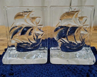 Vintage Clear Glass Sailing Ship Bookends