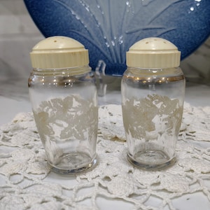 May include: A pair of clear glass salt and pepper shakers featuring a white floral etched pattern on the body, a gold-toned rim near the top, and a cream-colored plastic screw-on lid with small holes for dispensing seasoning.
