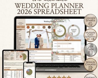 Organizzatore di matrimoni / Fogli Google: budget, lista di controllo, disposizione dei posti a sedere (blu)