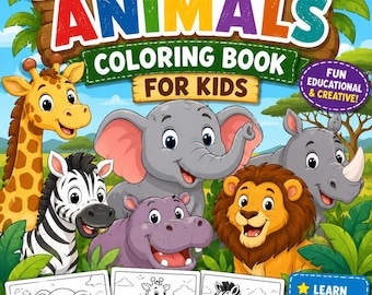 Libro da colorare di animali selvatici per bambini – Pagine da colorare stampabili di animali della savana e della giungla / Libro di attività educative da viaggio / Elefante, Giraffa