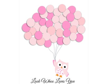 baby shower guest book OWL pink hearts ballon  , guestbook alternative  Print -Ready- Nursery Print -(Includes Instruction card)