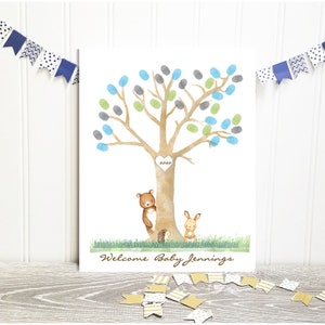 Woodland theme Fingerprint tree baby boy Baby shower  alternative, forest bear bunny custom print sign in Thumbprint tree guest book