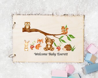Woodland Guestbook Personalized  Baby Shower   Owl bear First Birthday Baptism Guest Book Wood