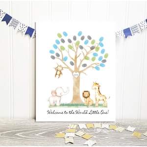 May include: A white card with a watercolor illustration of a tree with blue, green, and gray fingerprints on the leaves. There are animals around the tree, including a monkey, an elephant, a lion, and a giraffe. The text "Welcome to the World Little One!" is at the bottom of the card.