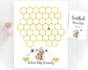 Poster du livre d'or de la baby shower des mères des abeilles : panneau en nid d'abeille unique
