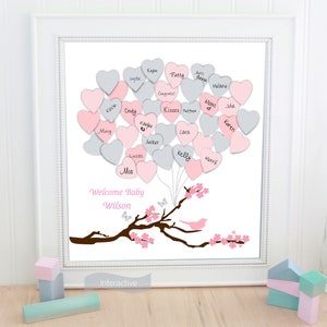 Alternative Guestbook baby Shower uccello e fiore stampabile GuestBook colori personalizzati rosa grigio