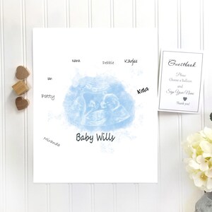 Puede incluir: Una tarjeta blanca con una imagen de ultrasonido azul en el centro. La tarjeta tiene las palabras "Baby Wills" escritas debajo de la imagen. Hay nombres escritos alrededor de la imagen, incluyendo "Nana", "Debbie", "Kaylee", "lan", "Patty", "Miranda" y "Kara". Una tarjeta blanca separada con texto negro dice "Guestbook", "Por favor, elige un globo y firma tu nombre", y "¡Gracias!"