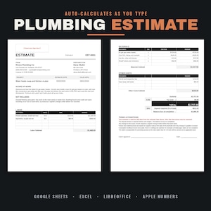 Plumbing Estimate Template | Plumber Job Quote & Bid Sheet | Google Sheets and Excel | Auto-Calculating | Construction | Editable