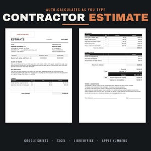 Contractor Estimate Template | Construction Job Quote & Bid Sheet | Google Sheets and Excel | Auto-Calculating | Small Business | Editable