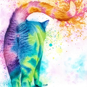 May include: Watercolor painting of a cat from the rear, showcasing a vibrant display of colors. The cat's body transitions from blue to green, with a tail that curves upwards, transitioning from pink to orange. Splatters of paint in various colors surround the cat.