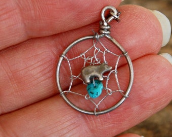 Vintage Sterling Silver Turquoise Dreamcatcher Pendant Necklace Protective Sleep Charm Bear Southwestern // Vintage Silver Jewelry