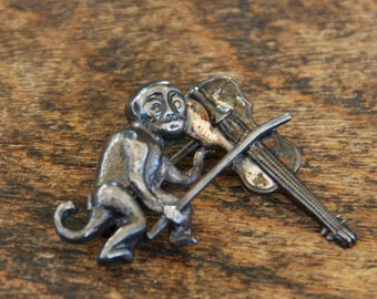 Vintage Beau Sterling 925 Sterling Silver Brooch Monkey Playing Violin Quirky Figural Mid Century 1950's // Vintage Sterling Silver Jewelry