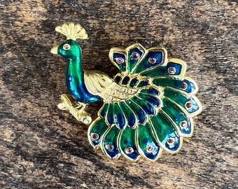 Vintage SWAROVSKI Brooch Cloisonne Rhinestone Peacock Bird Blue Green Enamel Swarovski Crystals  1990's // Vintage Designer Costume Jewelry