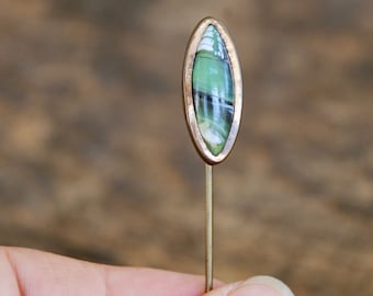 Vintage Art Deco Stick Pin Brooch Brass Green Art Glass Cabochon 1920's // Vintage Costume Jewelry