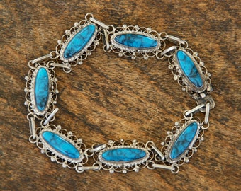 Vintage Bracelet 925 Sterling Silver Turquoise Filigree Link Made in Mexico Southwestern Style // Vintage Silver Jewelry