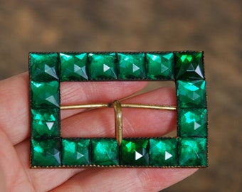 Vintage Art Deco Green Glass Sash Buckle Vauxhall Style Mirrored Glass Brass Repurpose 1930's / Vintage Costume Jewelry