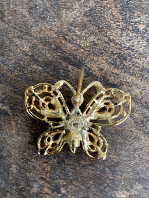 Vintage NEW VIEW Rhinestone Butterfly Brooch Gold… - image 4