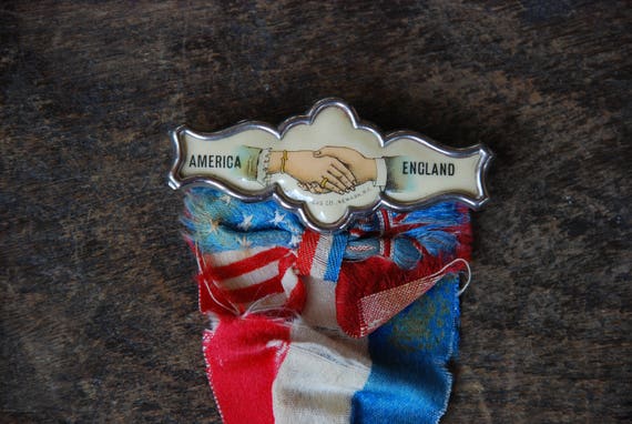 Antique Victorian Brooch Ribbon Badge Handshake 1… - image 4